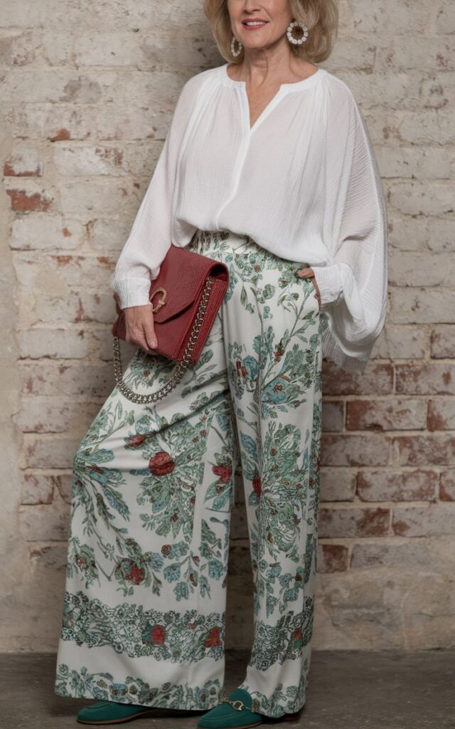 White Blouse with Floral Wide-Leg Pants