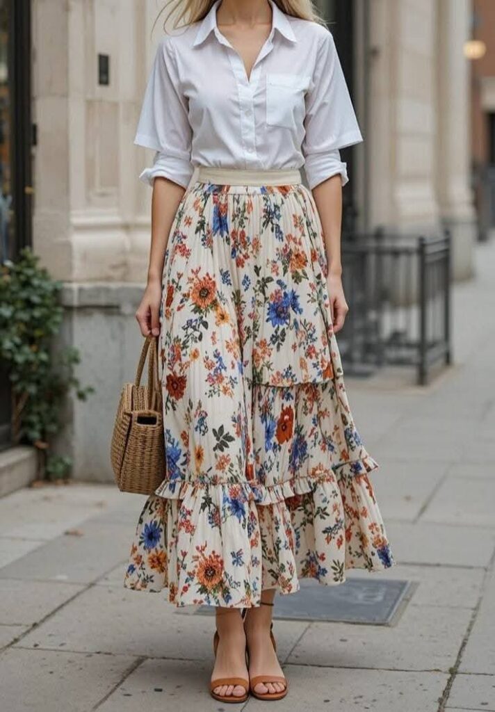 White Button-Down Shirt with a Flowy Printed Maxi Skirt