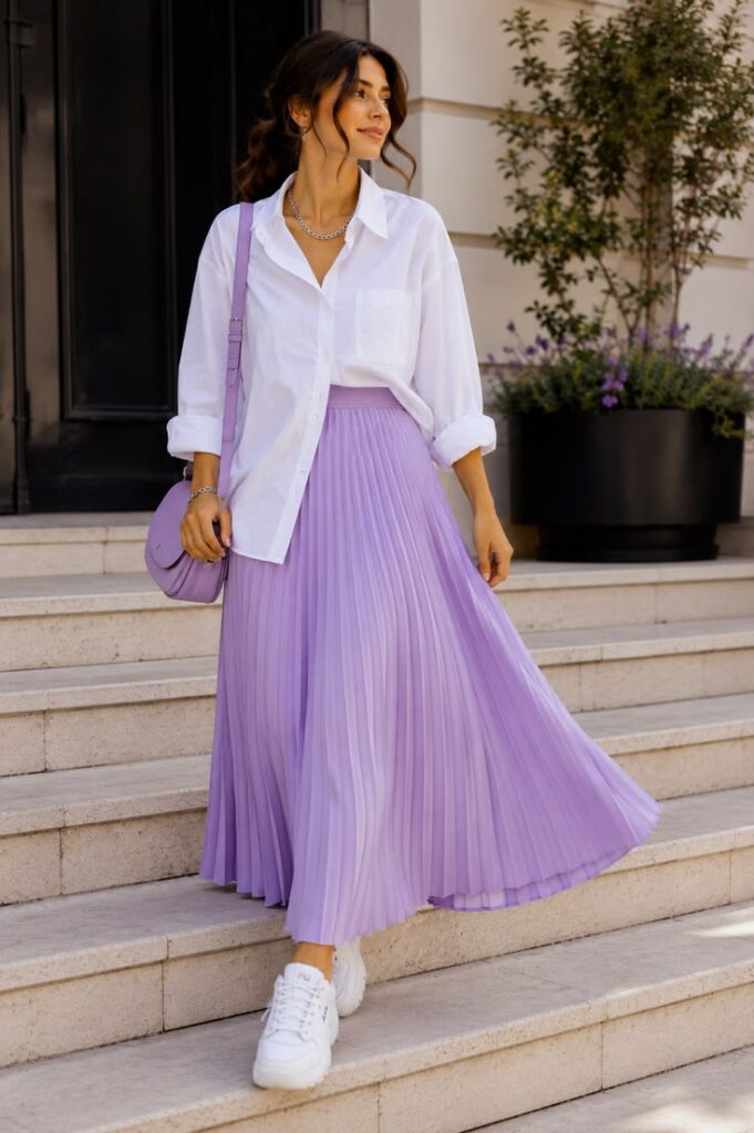 White Button-Down Shirt with a Pleated Maxi Skirt