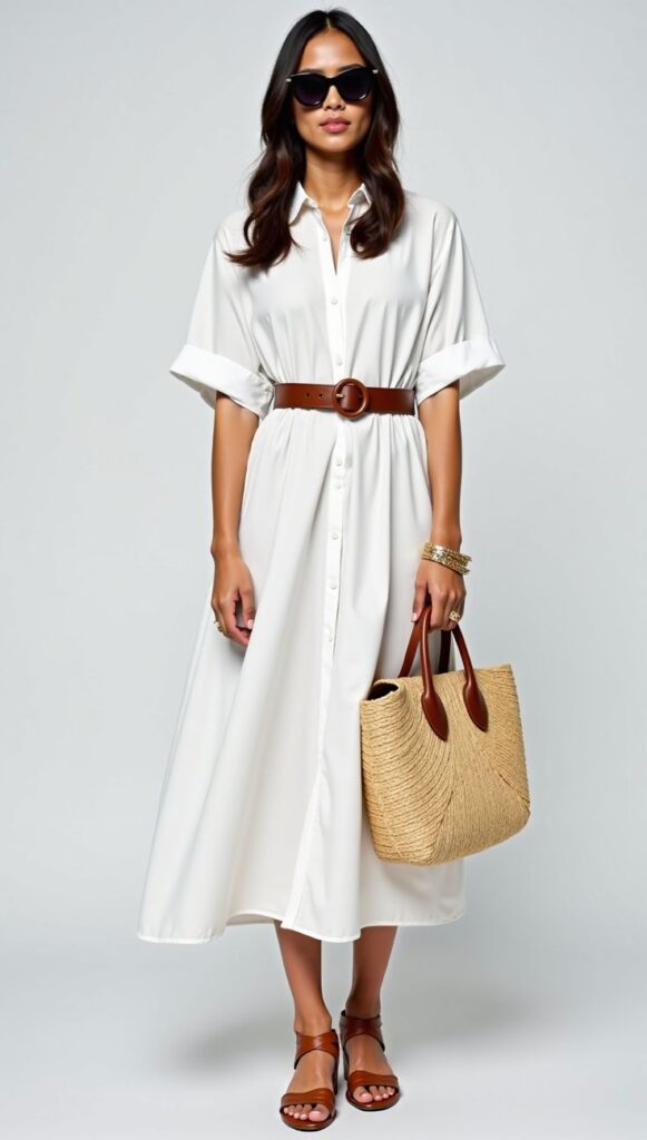  White Button-Front Maxi Dress with Tan Accessories