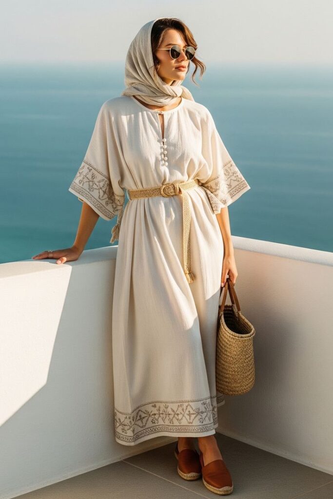 White Kaftan Dress with Woven Sandals