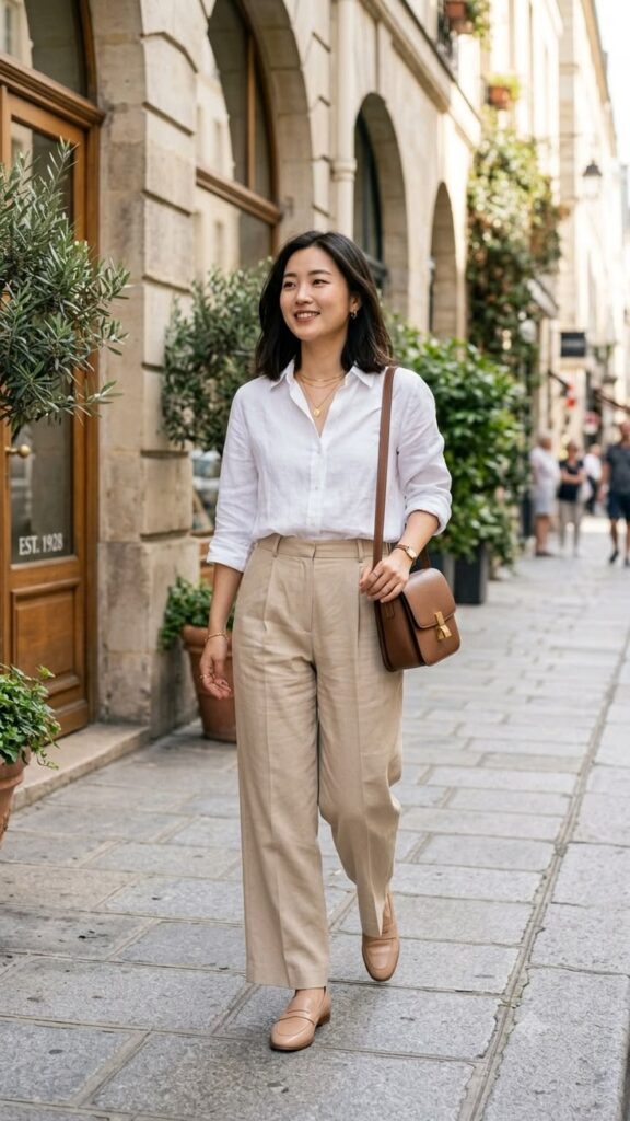 White Linen Shirt with Wide-Leg Trousers