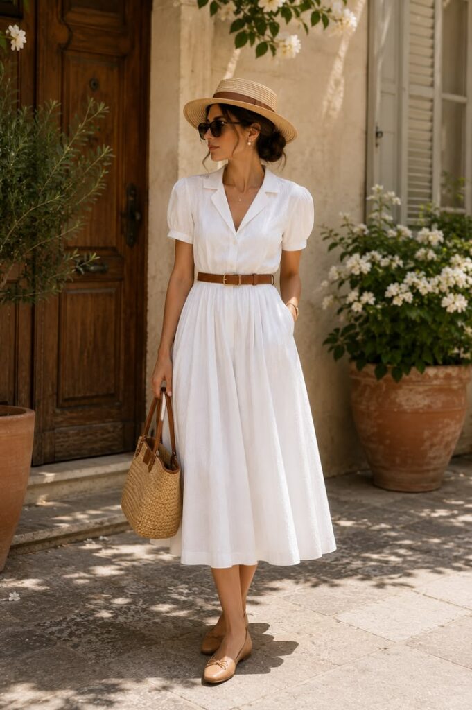 White Puff Sleeve Midi Dress with Espadrilles
