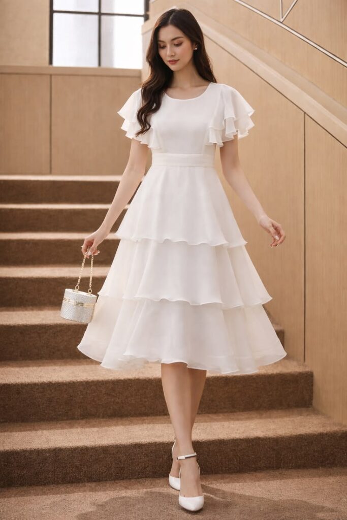 White Ruffle Sleeve Midi Dress