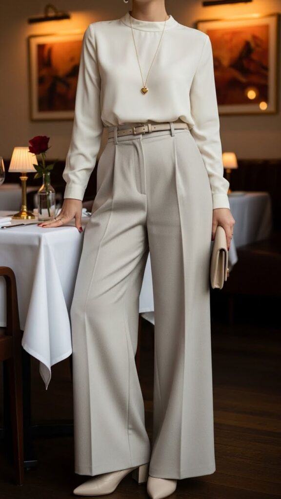  Wide-Leg Trousers with a Tucked Blouse