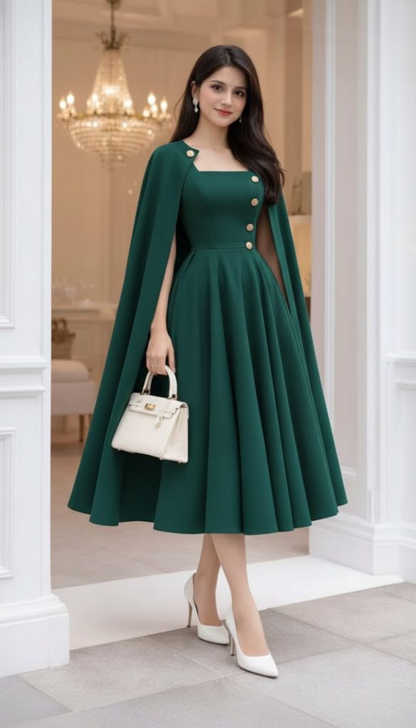 Woman in Emerald Green Cape Dress