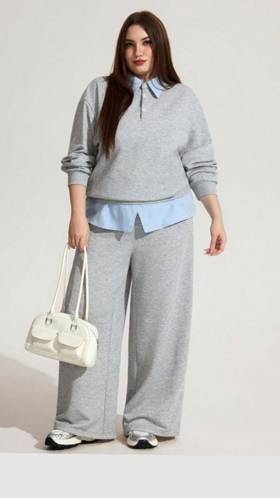 Woman in Grey Sweatsuit with Layered Blue Shirt