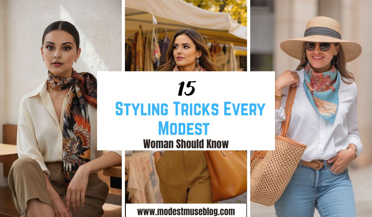 three - grid modest outfit and text overlay 15 Styling Tricks Every Modest Woman Should Know