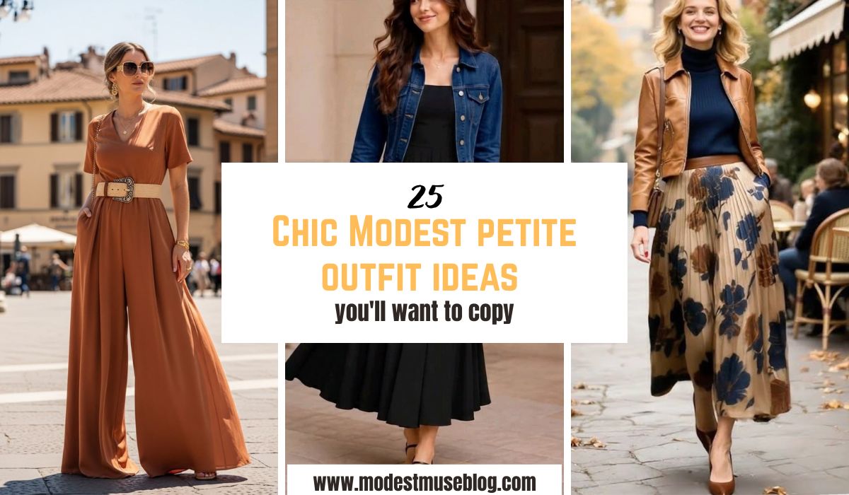 three - grid image of modest outfits and text overlay 25 Chic Modest petite outfit ideas you'll want to copy