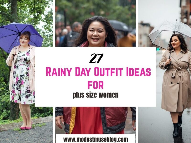 three grid modest outfit and text overlay 27 Rainy Day Outfit Ideas for plus size women