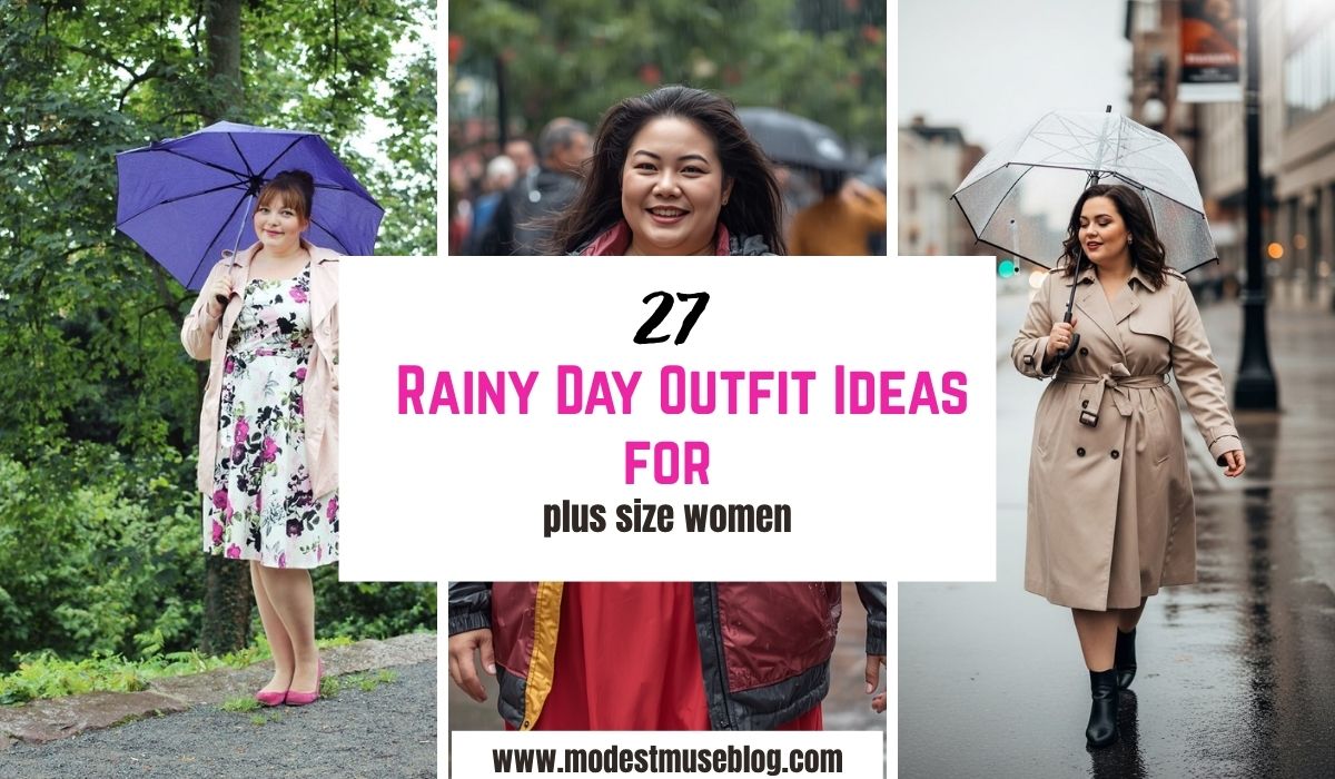 three grid modest outfit and text overlay 27 Rainy Day Outfit Ideas for plus size women