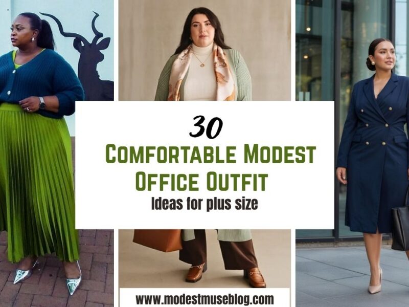 THREE GRID PLUS SIZE OUTFIT AND TEXT OVERLAY 30 Comfortable Modest Office Outfit Ideas for plus size