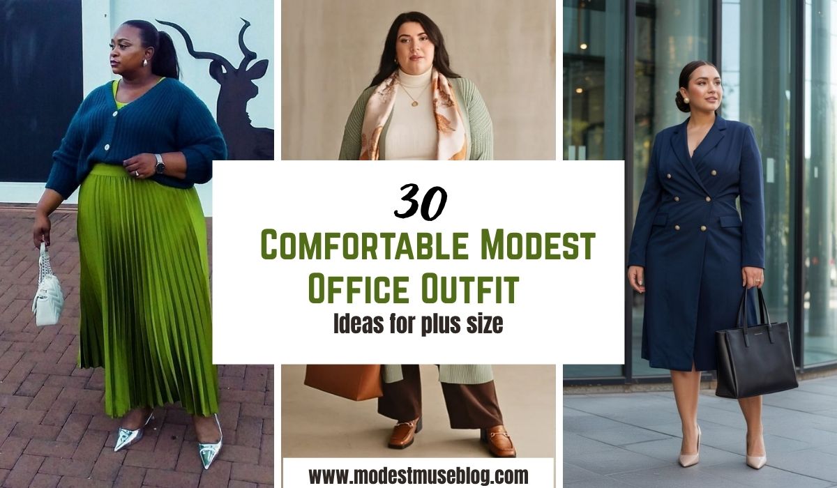 THREE GRID PLUS SIZE OUTFIT AND TEXT OVERLAY 30 Comfortable Modest Office Outfit Ideas for plus size