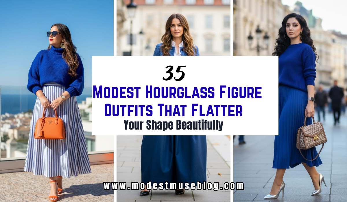 three-grid modest outfit and text overlay 35 Modest Hourglass Figure Outfits That Flatter Your Shape Beautifully