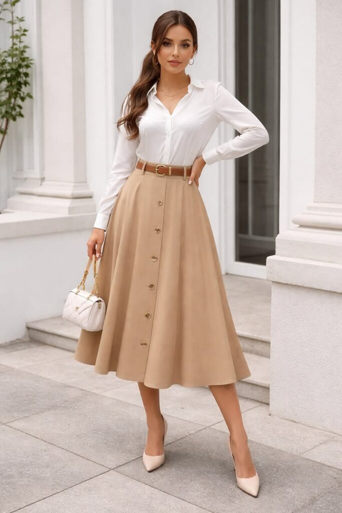 A Fitted Knit Top with an A-Line Skirt