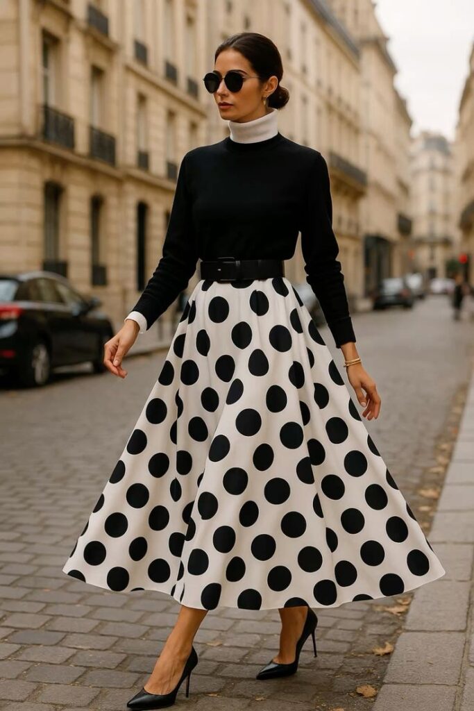A Fitted Turtleneck with a Midi Skirt
