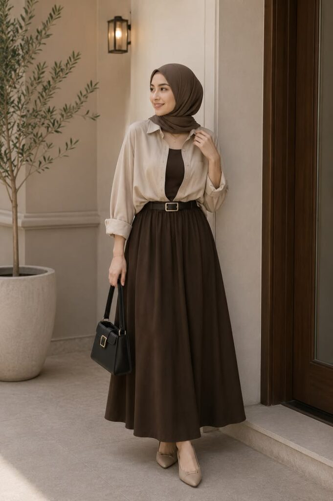 A High-Waisted Maxi Skirt with a Tucked-In Blouse