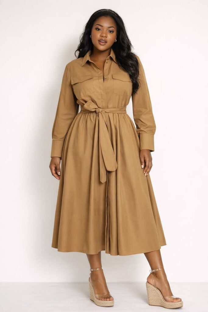 A Midi Shirt Dress with a Waist Belt