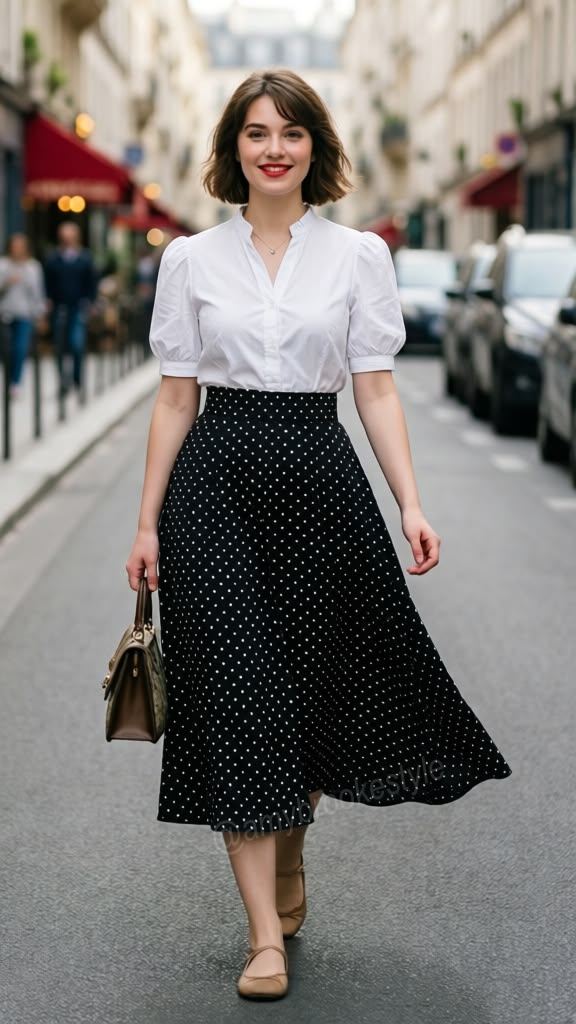 A Puff Sleeve Blouse with a High-Waisted Skirt
