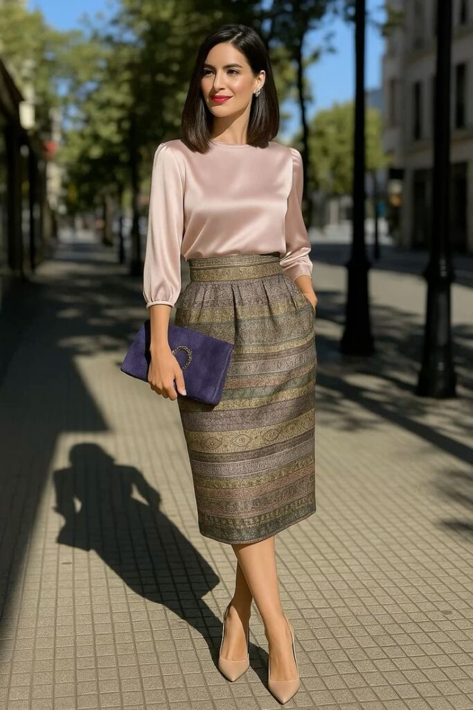  A Satin Blouse with a High-Waisted Midi Skirt