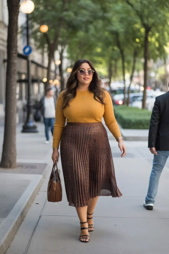 A Sweater with a Belted Midi Skirt