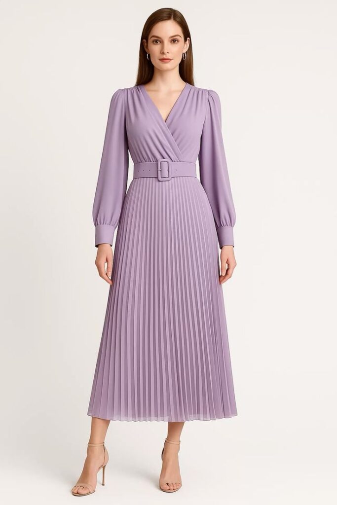 Ankle-Length Pleated Dress with a Belt