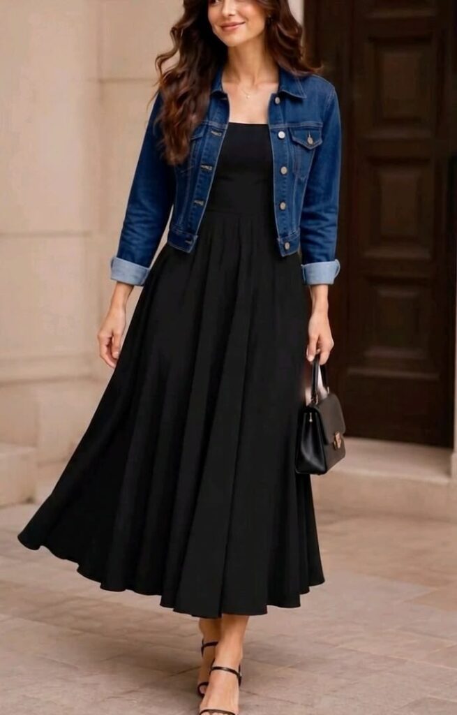 Cropped Jacket with a Flowing Dress