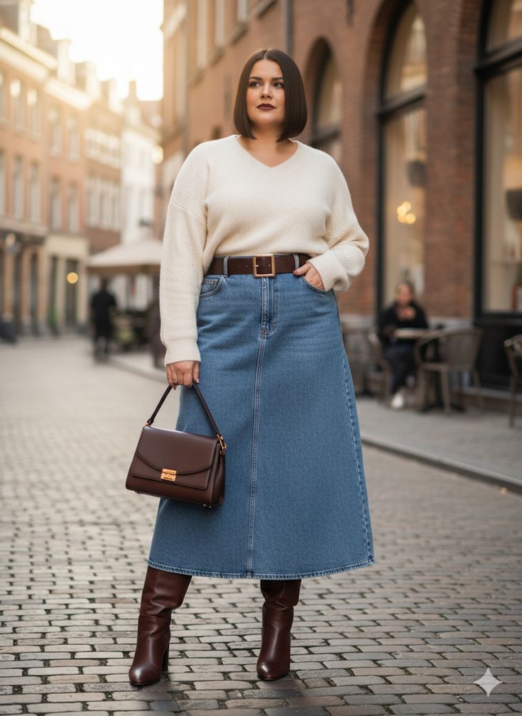 Denim Midi Skirt With Waterproof Boots
