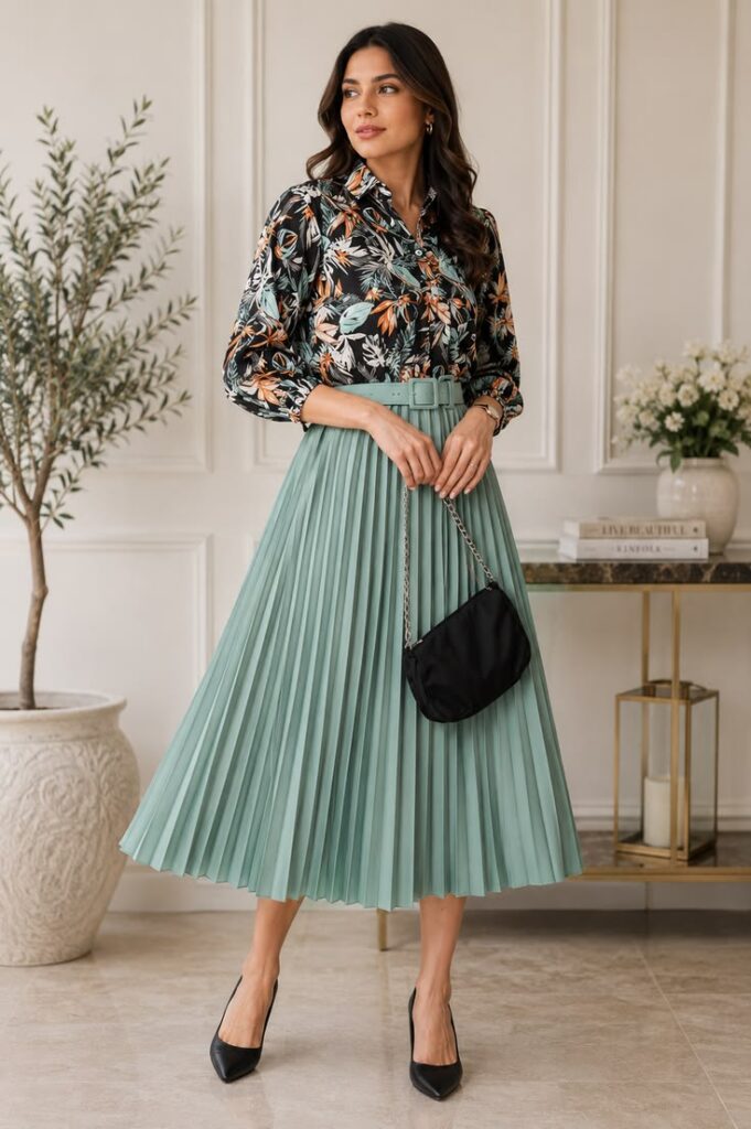 Floral Blouse & Pleated Midi Skirt showing How to Look Polished Every Day