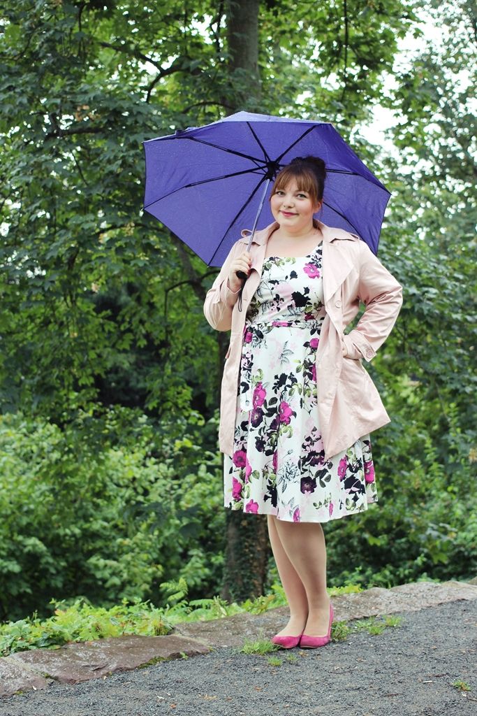  Floral Dress With a Neutral Raincoat