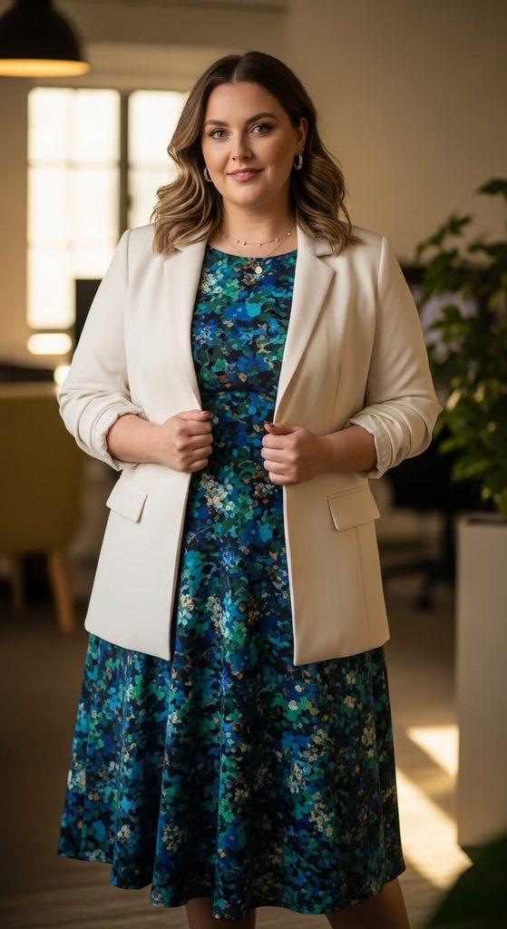 Floral Midi Dress with Neutral Blazer