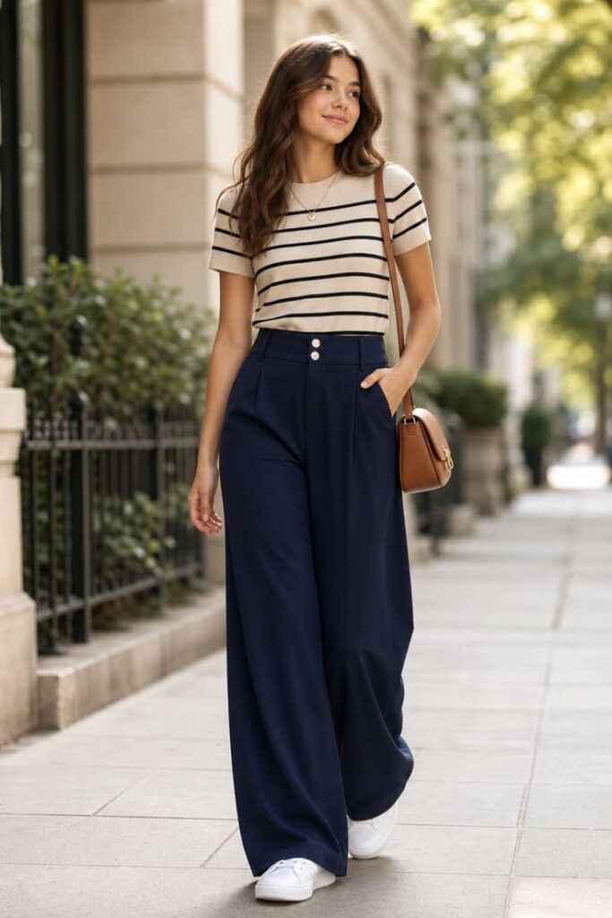 High-Waisted Wide-Leg Trousers with a Fitted Top