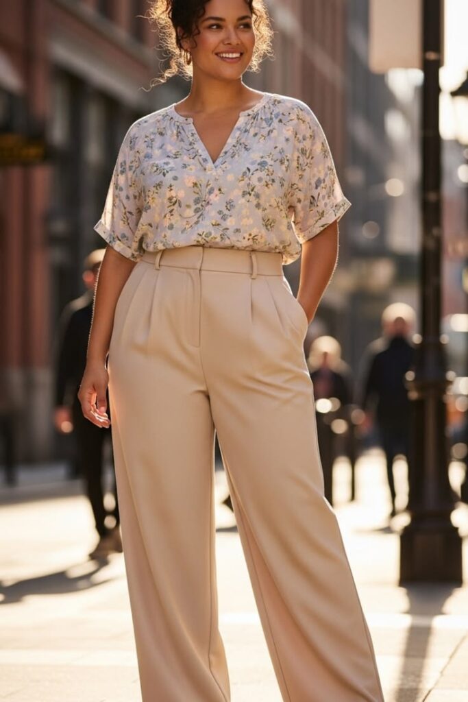 High-Waisted Wide-Leg Trousers with a Flowy Blouse
