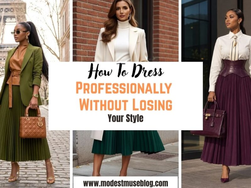 three -grid modest outfit and text overlay How To Dress Professionally Without Losing Your Style