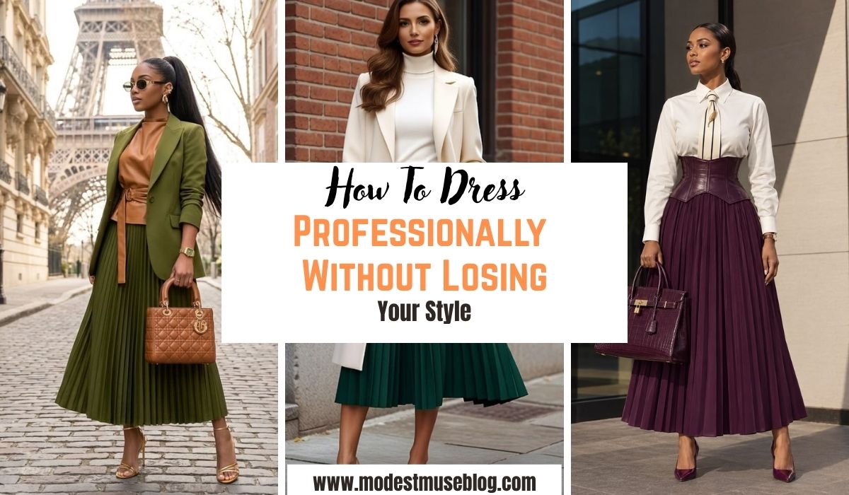 three -grid modest outfit and text overlay How To Dress Professionally Without Losing Your Style