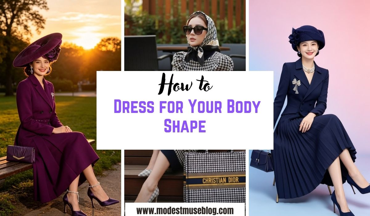 THREE MODEST IMAGES AND TEXT OVERLAY How to Dress for Your Body Shape