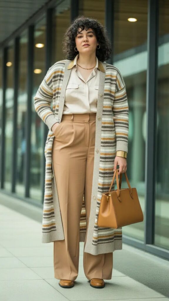 Long Cardigan over Straight-Leg Trousers