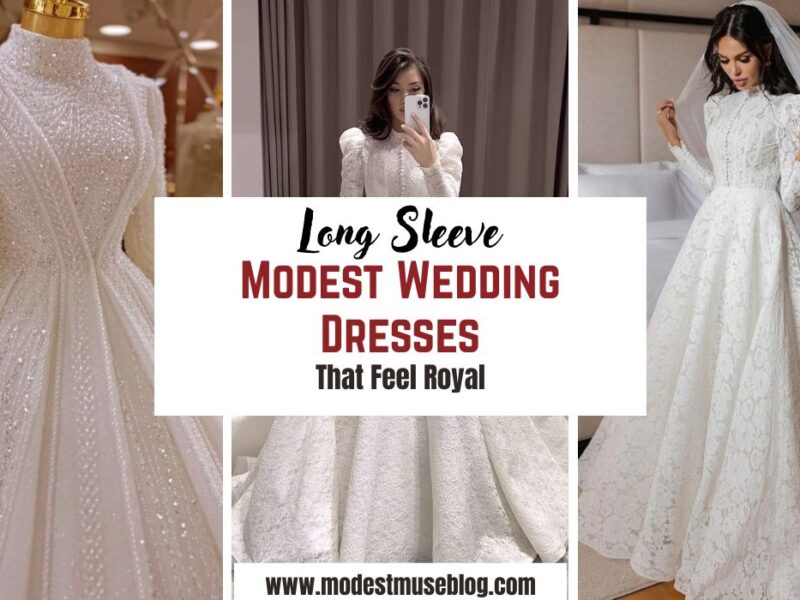 three-grid image of wedding dresses and text overlay Long Sleeve Modest Wedding Dresses That Feel Royal