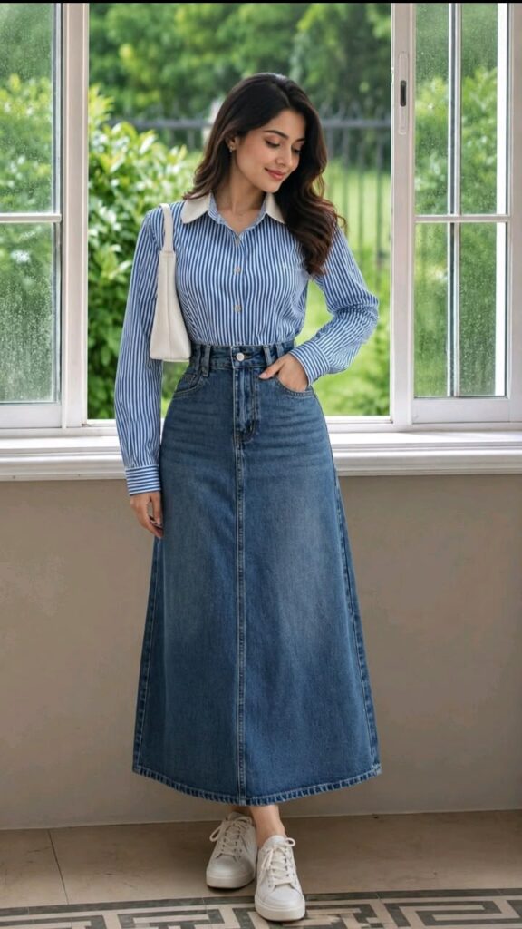 Modest Denim Skirt with a Classic Button-Down