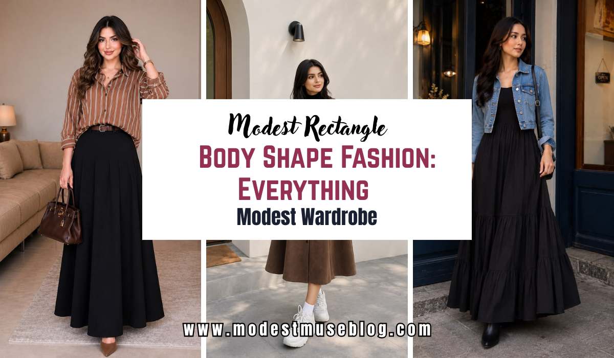 three grid outfit and text overlay Modest Rectangle Body Shape Fashion Everything You Need to Know