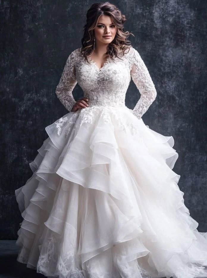  Modest Wedding Dress with Layered Skirt