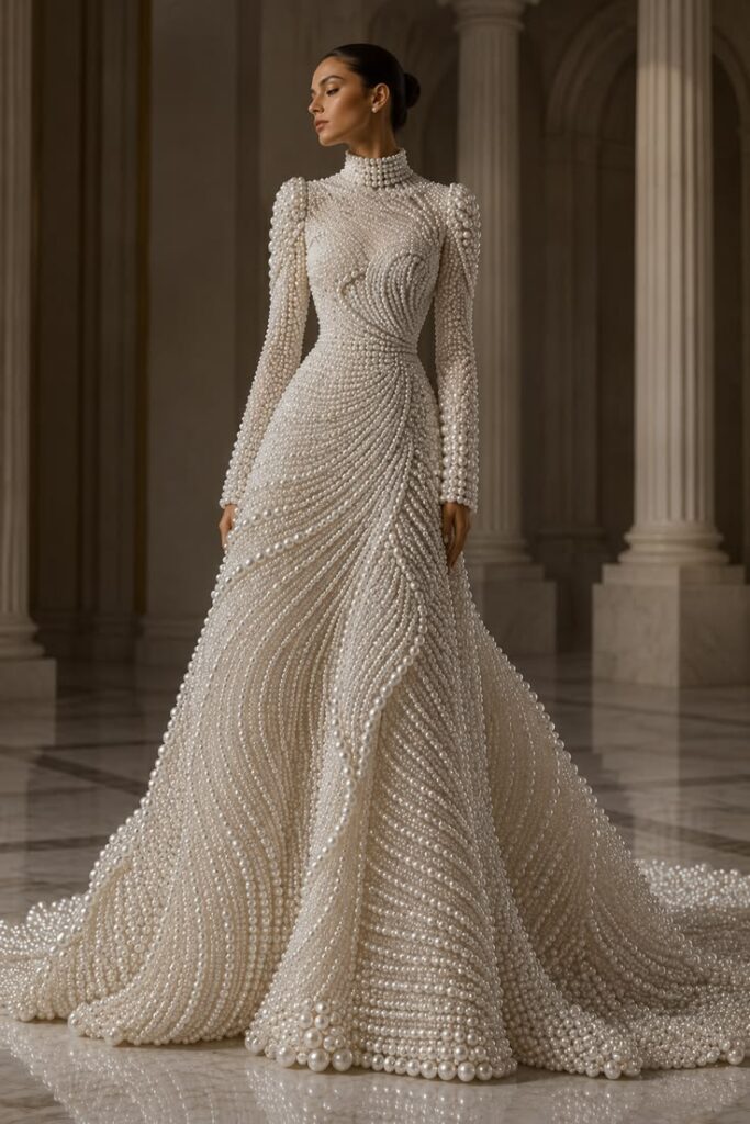 Modest Wedding Dress with Pearl Details