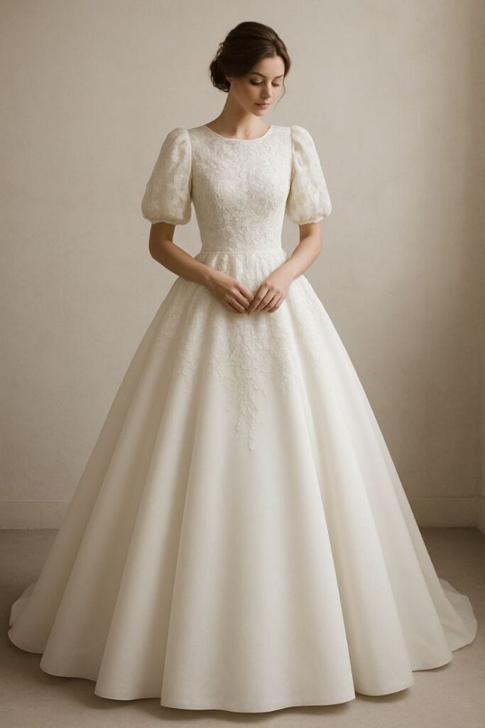 Modest Wedding Dress with Puff Sleeves