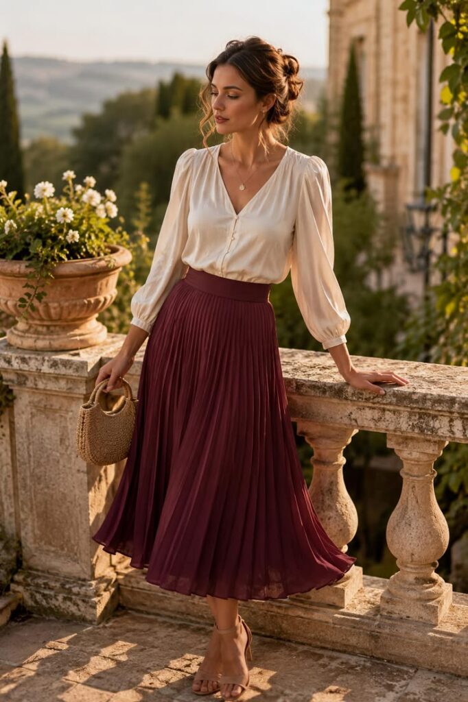 Pleated Midi Skirt with a Tucked Blouse