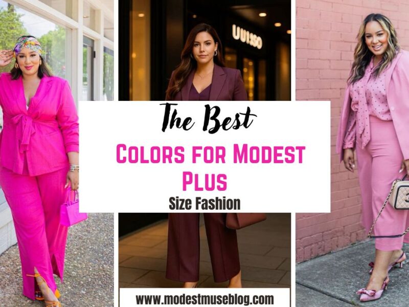 three grid modest outfit and text overlay The Best Colors for Modest Plus Size Fashion