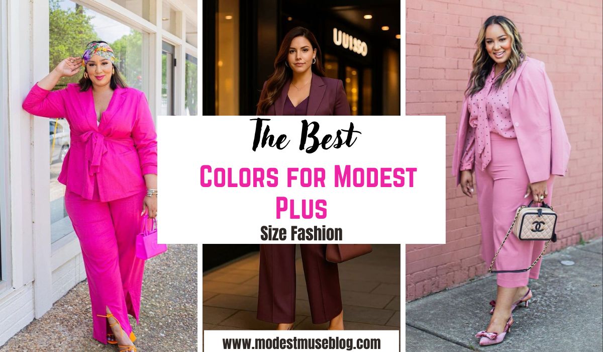 three grid modest outfit and text overlay The Best Colors for Modest Plus Size Fashion