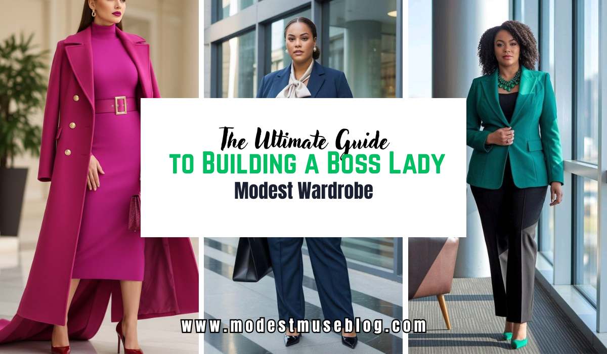 three grid boss lady outfit and text overlay The Ultimate Guide to Building a Boss Lady Modest Wardrobe