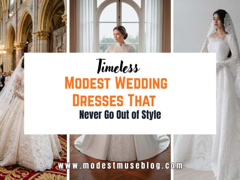 three wedding dresses and text overlay Timeless Modest Wedding Dresses That Never Go Out of Style