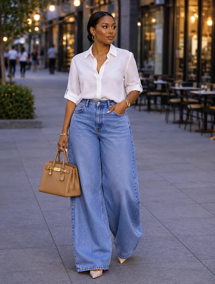 Wide Leg Jeans With a Button-Down Shirt