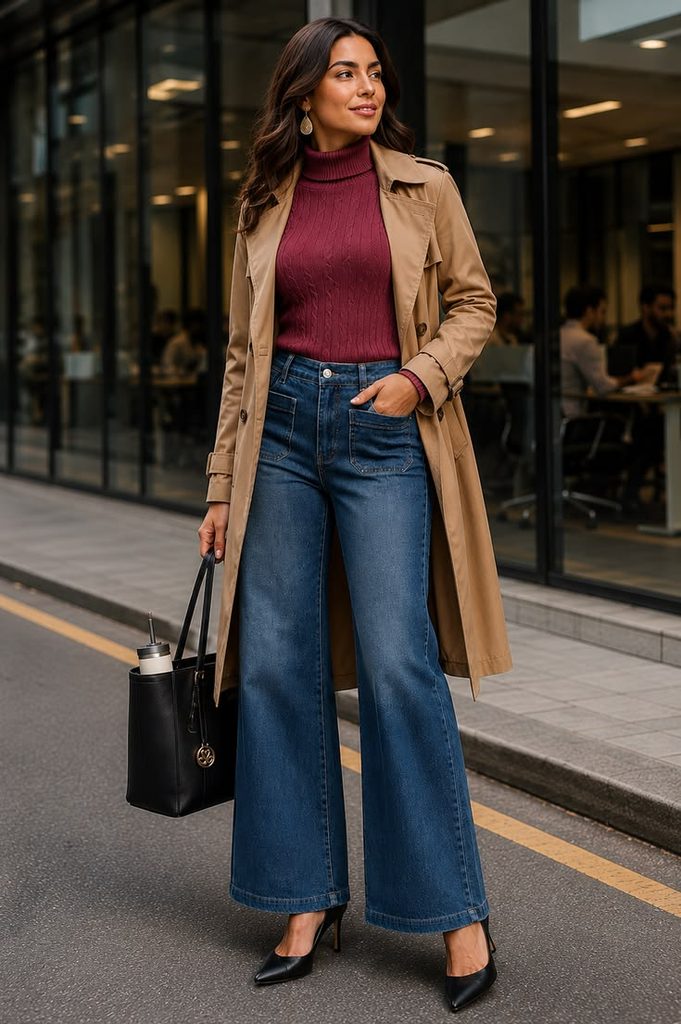Wide Leg Jeans With a Long-Sleeve Top and Trench Coat